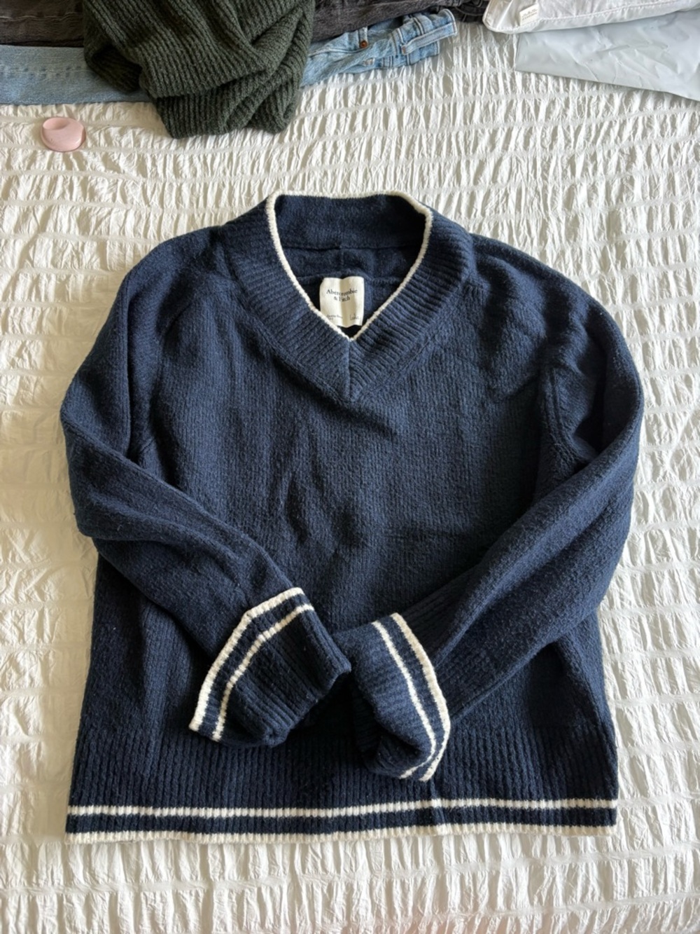Abercrombie & Fitch Navy V-Neck Sweater with Cream Contrast Trim